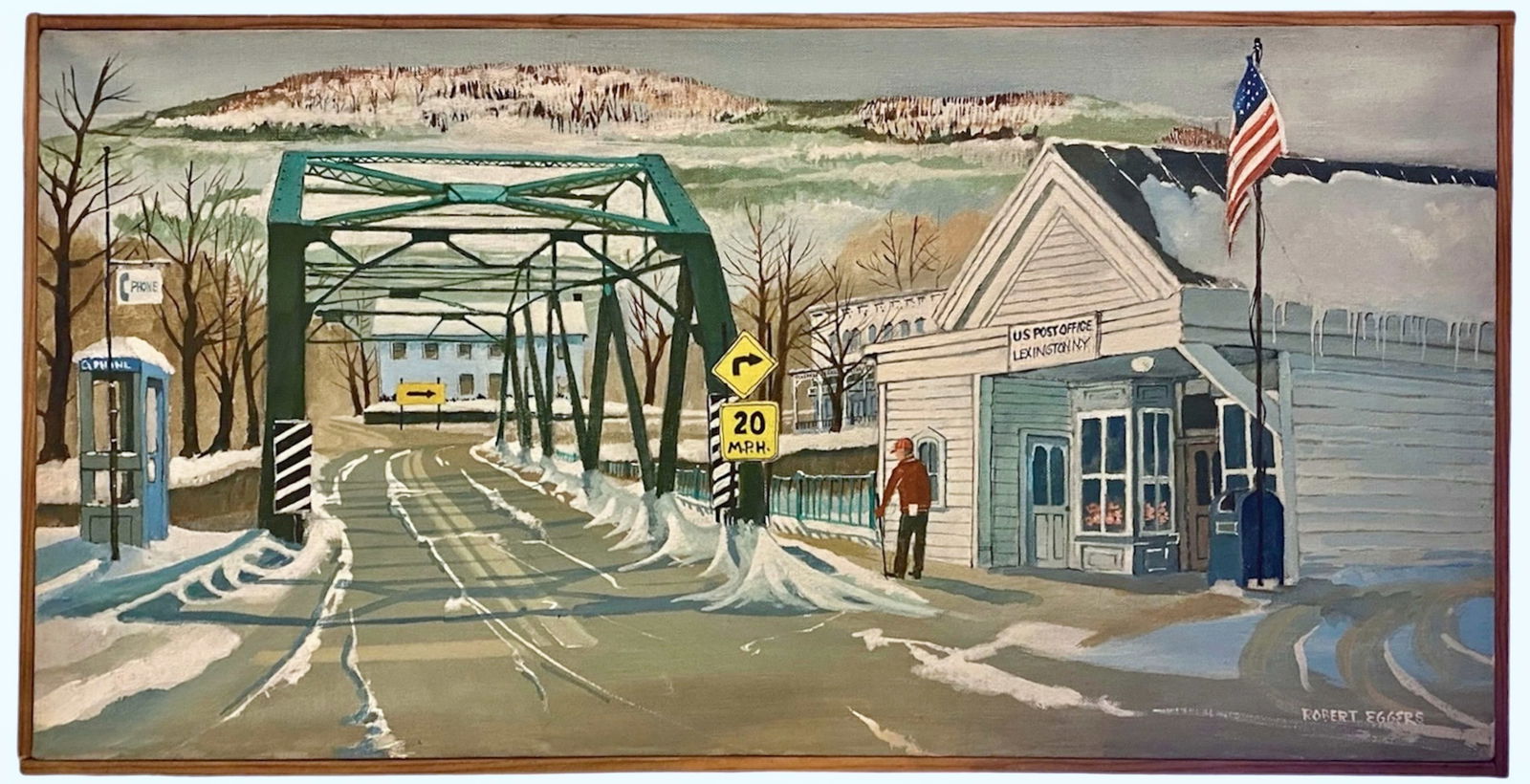 Robert Eggers (American 1931-2002) Townscape Painting, Lexington, N.Y.: American Landscape Painting, Signed by the Artist Robert Eggers (lower right). Local view of the Town of Lexington, Greene County, New York. Framed oil on canvas. Dimensions: framed: 25 1/2"" x 12 1/2