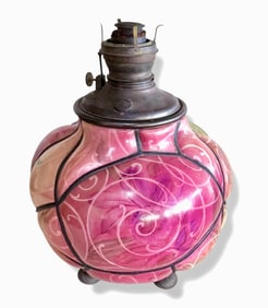 Art Nouveau Blown Glass Oil Lamp w/ Reticulated Bronze Strap Work