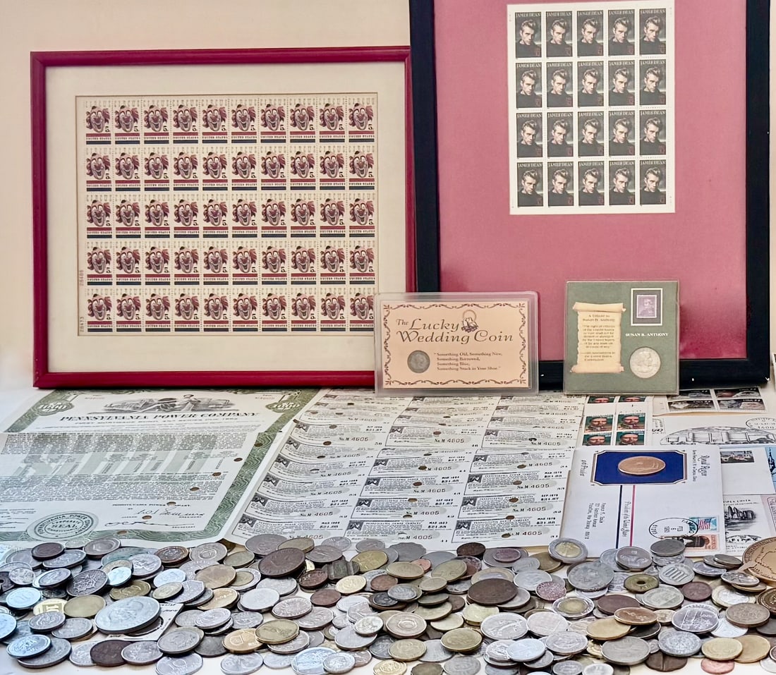 Collection of Unsorted American Mint Stamps, Blocks, Sheets, Coins, Tokens & Bond, 1890- (500+) (1 of 5)
