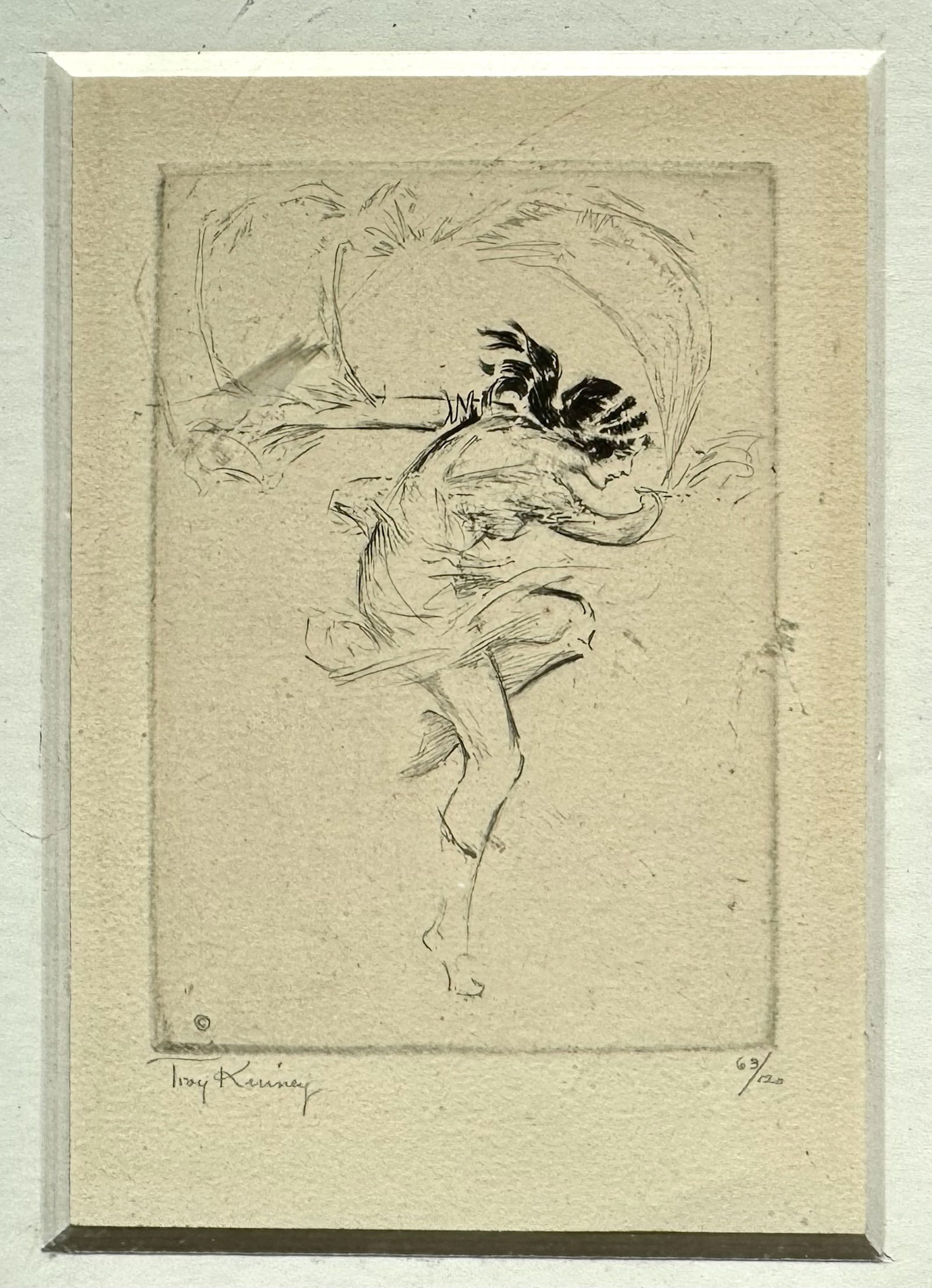 Troy Kinney (American, 1871-1938) Seventh Veil, 1920s: SEVENTH VEIL. Art Nouveau drypoint etching, hand-signed and edition numbered in pencil by artist Troy Kinney (view lower margins). Troy Kinney. 63/120. Drypoint etching on cream wove paper. Framed und