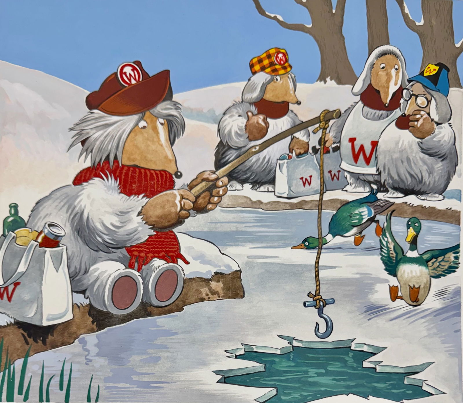 THE WOMBLES Original Jack & Jill Cover Art "Ice Fishing" England, 1977: British pre-school children's weekly comic Jack & Jill "THE WOMBLES". Original Front Cover Art Painting, "ICE FISHING" 1977. The Wombles of Wimbleton Common in London, England. Created by Elisabeth Be