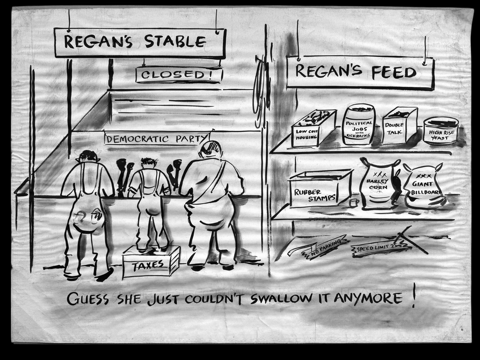 Political Satire Editorial Oil Painting "REAGAN' S STABLE": GUESS SHE JUST COULDN'T SWALLOW IT ANYMORE!. REAGAN'S STABLE. Ronald Reagan editorial political satire painting. Circa 1980s. Oil on canvas. Approximate dimensions: canvas: 25 1/2in. x 35in. Condition