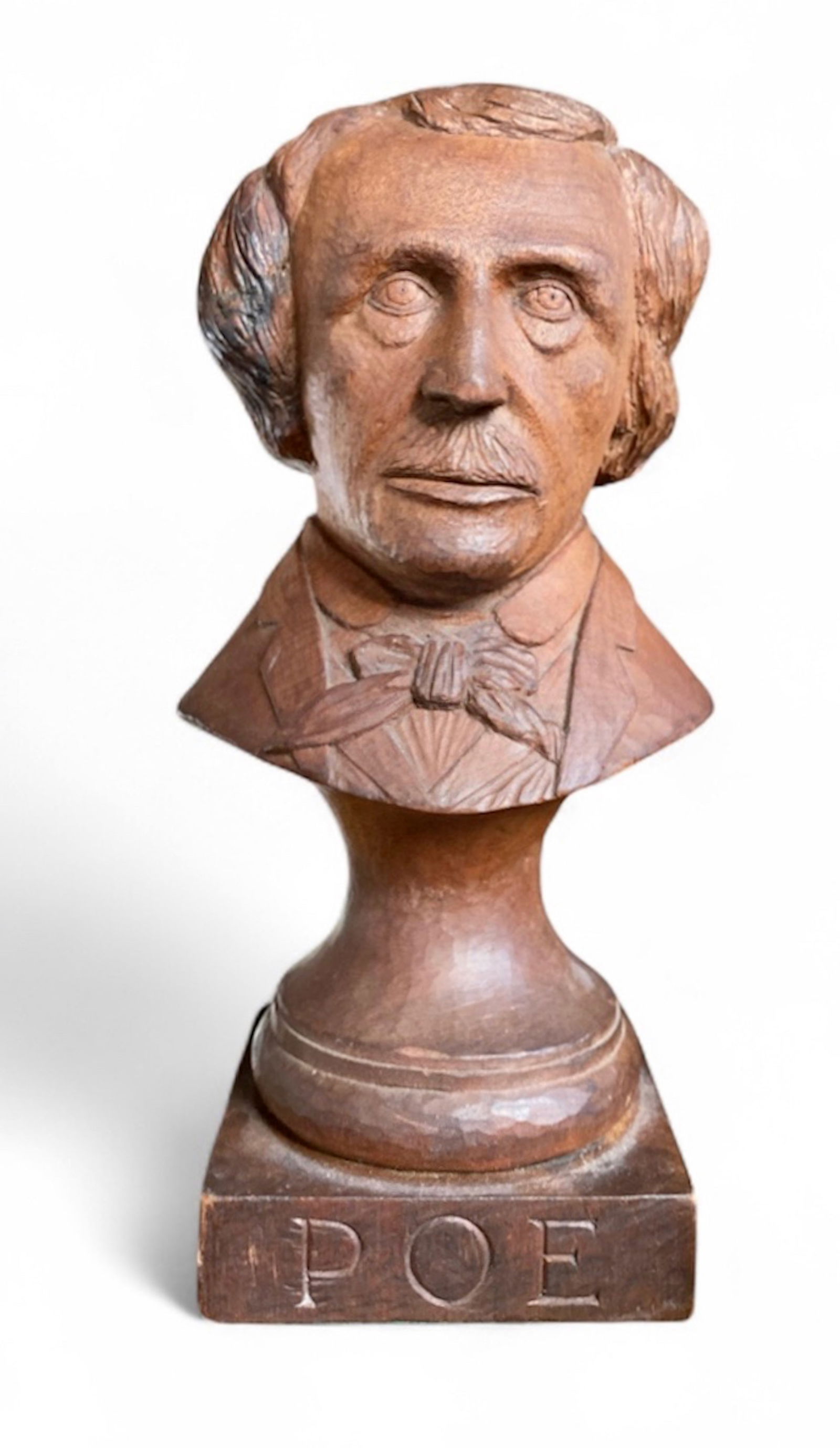 Folk Art Carved Wood Bust Of Edgar Allan Poe, Collection of Joseph Katz: American folk art, hand-carved wood bust of the author Edgar Allan Poe (1809-1849). Late 19th early 20th Century. Gifted by the heirs of Joseph Katz (1888-1958) view photo. Joseph Katz was a Major Con