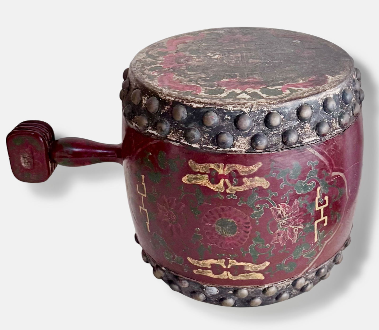 Antique Chinese Lacquer Painted Wood Barrel Drum w/ Handle (1 of 6)