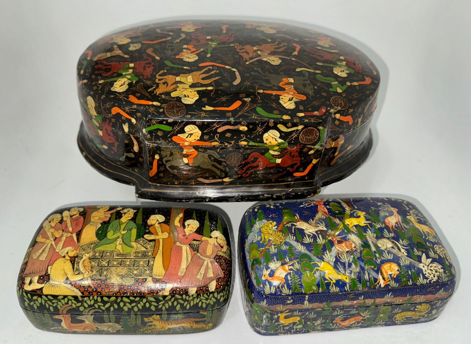 Indo-Persian Papier Mache Hand-Painted Lacquered Hunting Boxes (3) (1 of 7)