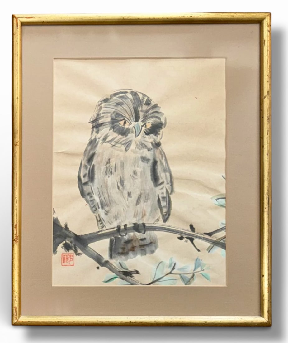 Chinese Ink Wash Painting OWL ON BRANCH, w/ Chop Mark (1 of 6)