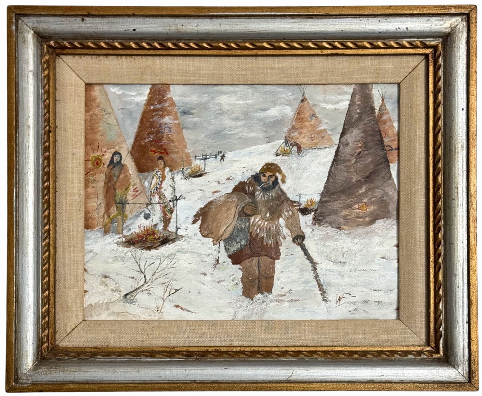 Native American Encampment w/ Fur Trader Painting, Signed W. F. (1 of 6)