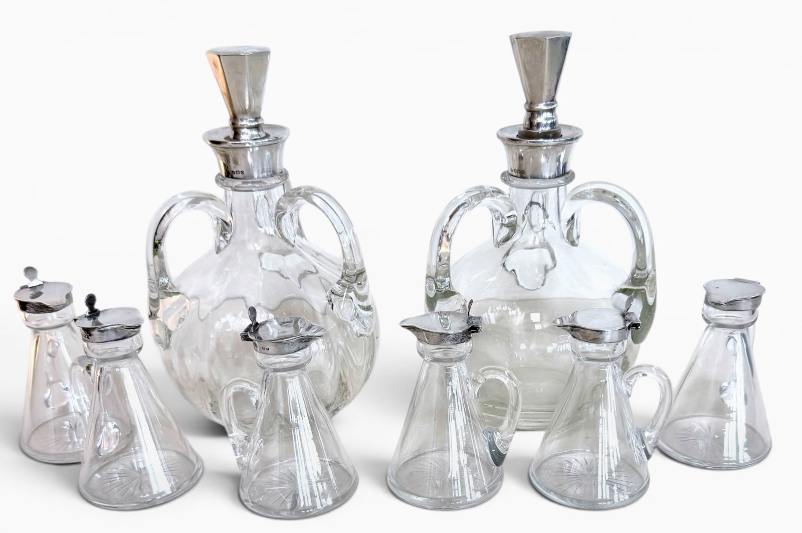 House of Philip Oriel, Sterling Silver & Crystal Decanters with Whisky Noggins, England, 1915-1930 (1 of 9)