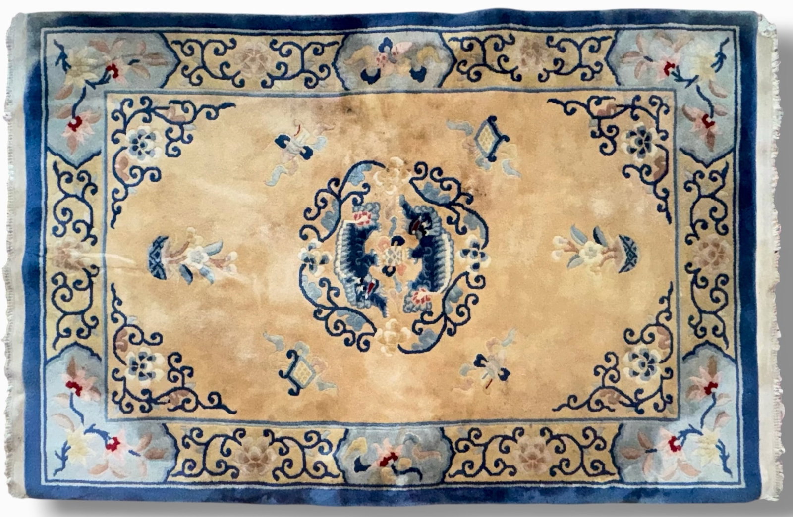 Vintage Chinese Peking Hand-Knotted Wool Rug With Center Foo Dog (6ft. x 4ft.): Estate Chinese Handwoven Peking Wool Rug. Beige and blue field with centrally positioned medallion featuring Imperial Guardian Lions (Foo Dogs), surrounded by multi-layered stylized borders. Dimension