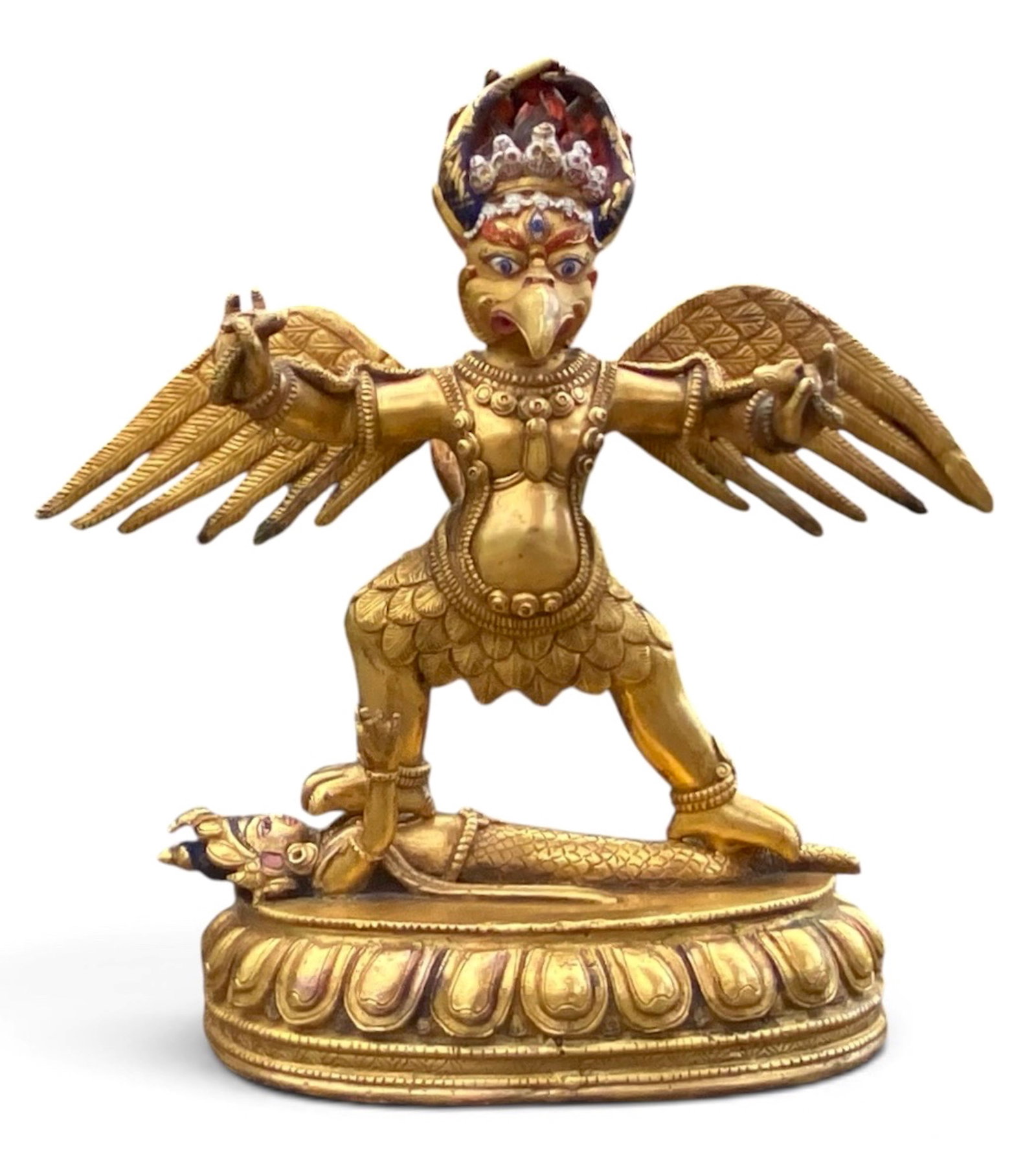 Tibetan Gilt-Bronze Winged Garuda With The Serpent Naga, Sculpture: Eternal Cosmic Duality. Antique Tibetan Gilt-Bronze Deity Garuda, Standing Triumphantly Atop the Serpent Naga. Buddhist deity Garuda w/ Naga are mounted on a lotus base with engraved seal on underside