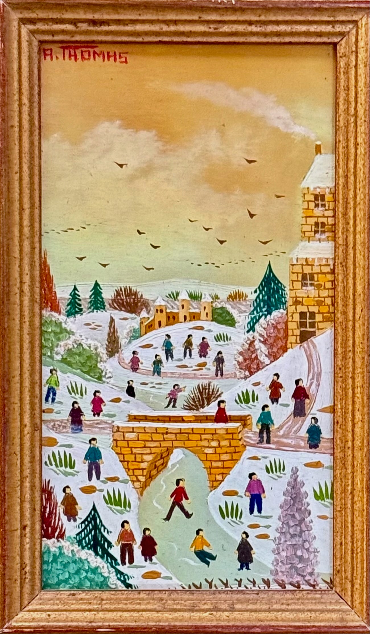 French Naive-Primitive Winter Village Painting, Alain Thomas: Alain Thomas (Nantes, France, b. 1942). French Naive-Primitive Painting, Signed By The Artist Alain Thomas (top left - A. Thomas). Winter village scene with ice skaters. Framed oil on board. Dimension