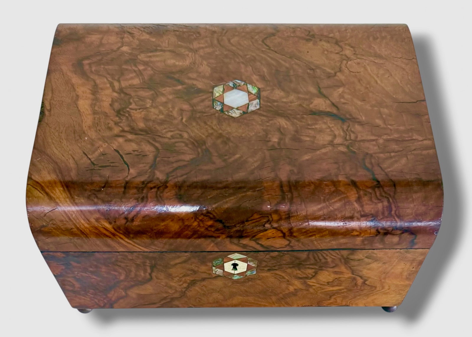 Antique Burl Walnut Jewelry Box Featuring Mother of Pearl & Abalone Inlay, c. 1870: Antique late 19th Century Victorian Burl Walnut Wood Inlaid Jewelry Box w/ Mother of Pearl and Abalone. Hinged lid is adorned with mother of pearl and abalone shell, and similar inlays adorn the lock.