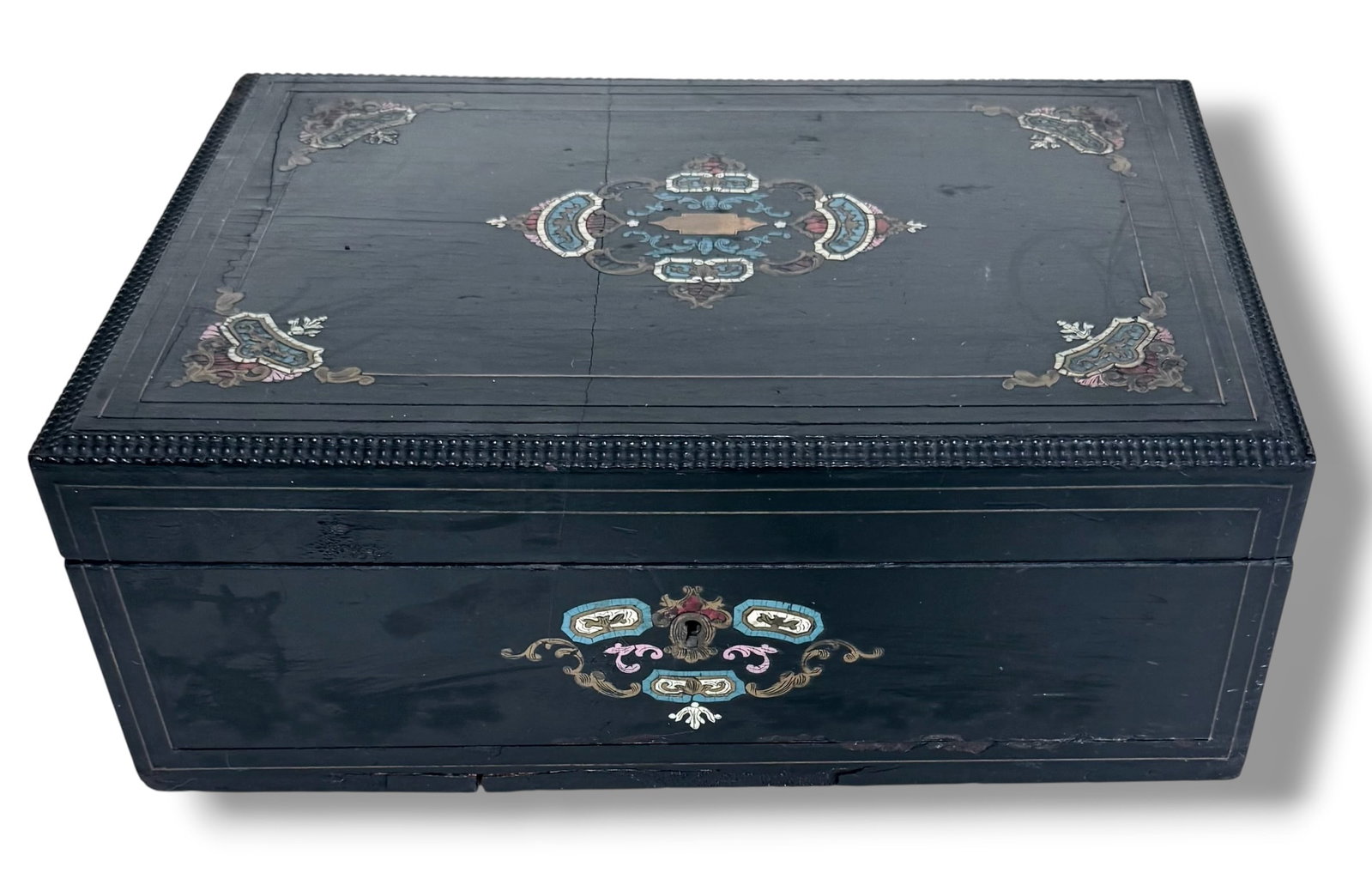 Antique English Black Lacquered Wood Table Box With Cloisonne Enamel Inlay (1 of 6)
