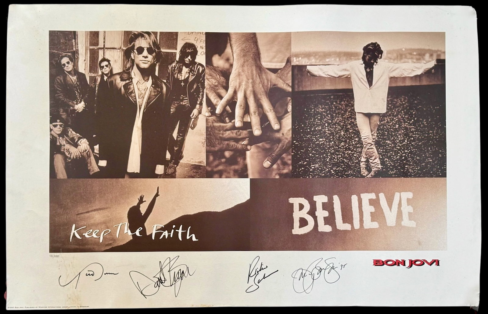 Bon Jovi, KEEP THE FAITH Limited Edition Album Art, Signed & Numbered, 1995: KEEP THE FAITH (BELIEVE). Jon Bon Jovi limited edition lithographic album art. Limited edition numbered in pencil: 48/550. Signed in felt pen by band members: Bon Jovi, Richie Sambora, Tico Torres, an