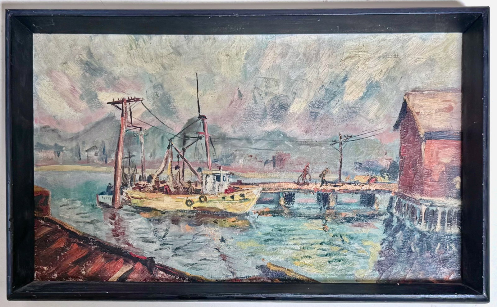 Impressionist Waterscape Painting, Fishing Boat at Dock, R. Tomas: Impressionist Oil Painting, Signed by the American Artist R. Tomas (lower margins). Oil on board. Coastal waterscape painting with docked fishing boat and fishermen. Housed in original wood frame. Dim