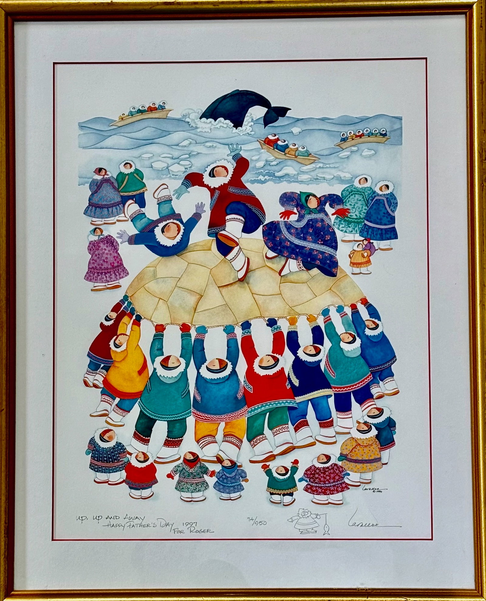 Barbara Lavalee "Up, Up & Away" Lithograph w/ Inscription & Original Drawing / Remarque: Anchorage artist Barbara Lavalee limited edition color lithograph "Up, Up and Away". Whimsical portrayal of Alaskan life. Hand-signed in pencil by Lavalee., limited edition numbered #74/950. Lithograp