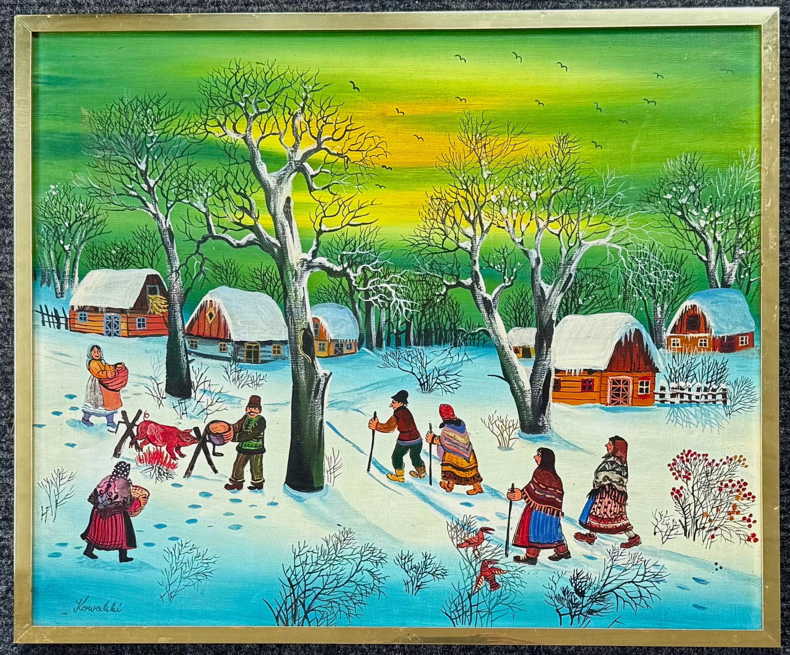 Hungarian Winter Village Naive Folk Art Painting, Anton Kowalski (1 of 6)