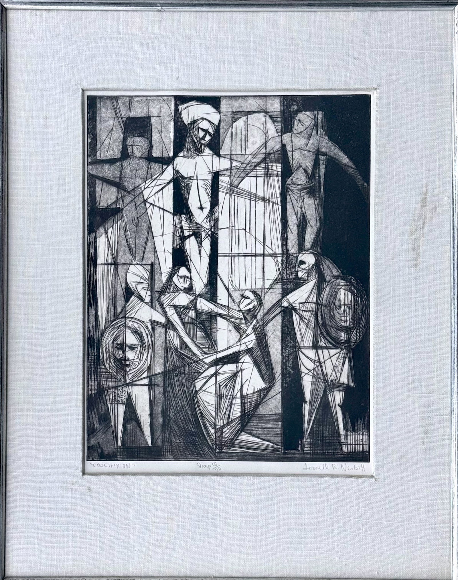 Neville B. Nesbitt, Biblical Cubist Abstract "Crucifixtion": Neville B. Nesbitt (American, 20th C.). Mid-Century cubist etching by Neville B. Nesbitt. Limited edition etching on paper, hand-pulled from a hand-etched plate. Pencil signed, impression number and t