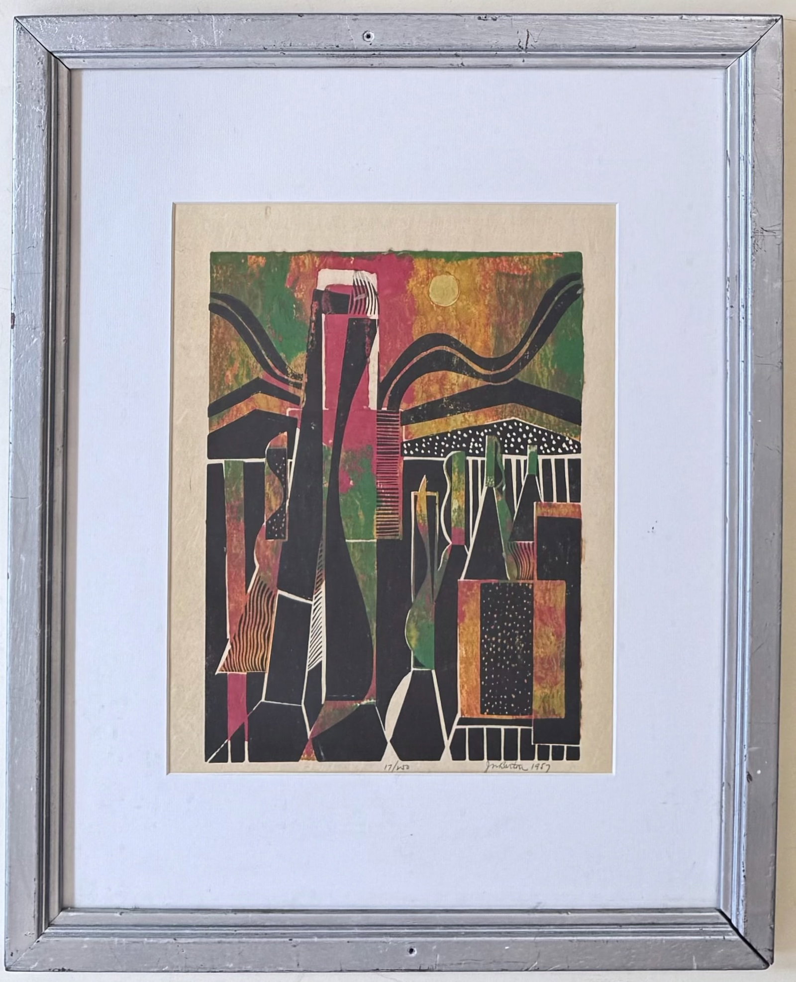 John Murray Barton (American, 1921-2000) Mid-Century Abstraction, 1957: Portfolio #49, 1957. New York School Artist, John Murray Barton, Abstract Color Woodblock. Pencil signed and edition numbered on lower margins. Johm Barton. #17/250. Framed and matted under glass. App