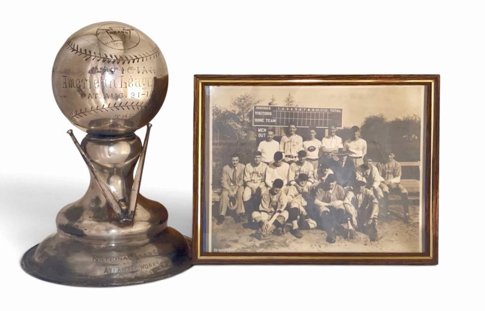 1924 Reach Official American League Baseball Trophy W/ Dutch Boy Team Photograph: Baseball's Golden Age. Original Reach American League Official Baseball Trophy & National Lead Co. "Dutch Boy" Team Photograph, Sept. 23, 1924. Trophy Engraved. TRADE-REACH-MARK OFFICIAL. American Lea
