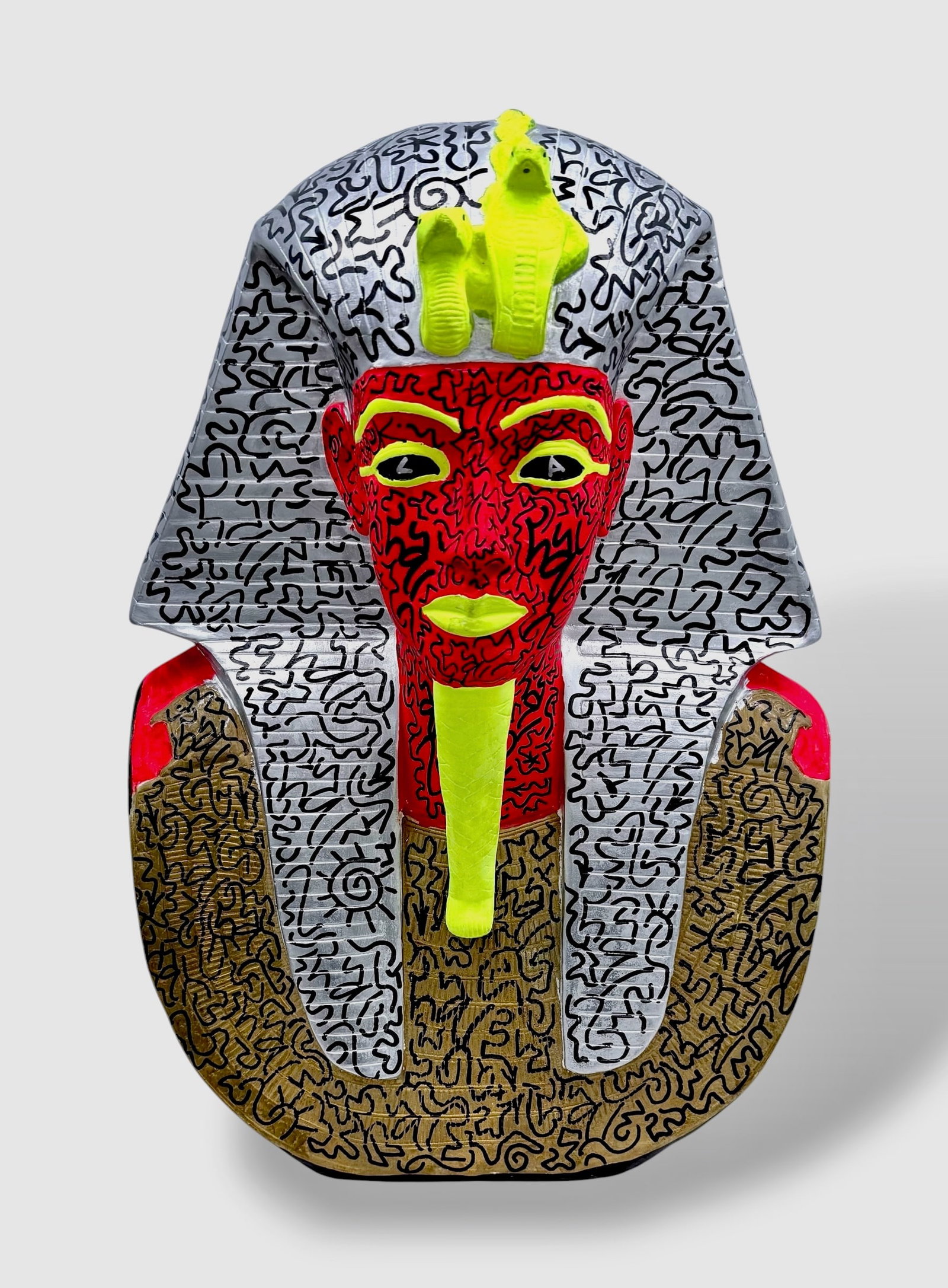 LA II (Angel Ortiz) Graffiti Painted Day-Glo Tutankhamen Sculpture, Tagged Throughout (1 of 7)