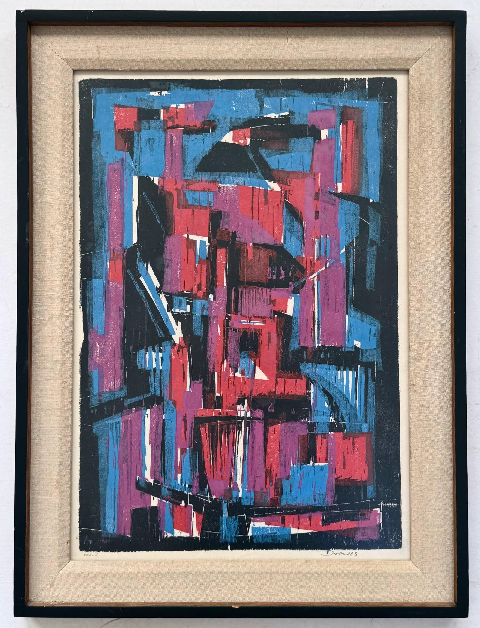 Werner Drewes (German American, 1899-1985) Abstract Color Woodcut: Cascading Abstraction. Werner Drewes original limited edition color woodcut, hand-signed and edition numbered in pencil (view lower margins). Drewes. Nu. 3. Woodcut on wove paper. Framed under glass. 