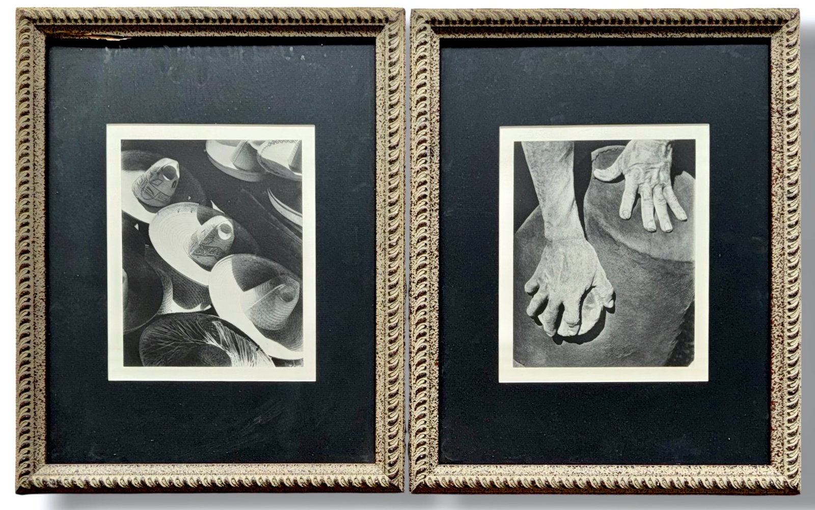 Anton Bruehl (Australian, American, 1900-1982) Hands of The Potter & Sombreros: PHOTOGRAPHS OF MEXICO ca. 1930s. Photographer Anton Bruehl collotypes. Two framed black & white collotype plates on heavy loose-leaf cream paper. From the limited edition portfolio "Mexico" circa 1930
