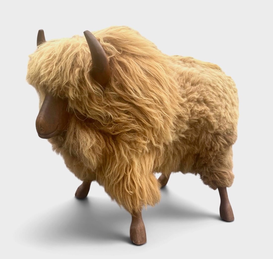 Vintage Long Hair Sheep / Ram Ottoman / Footstool W/ Horns, Signed (1 of 10)