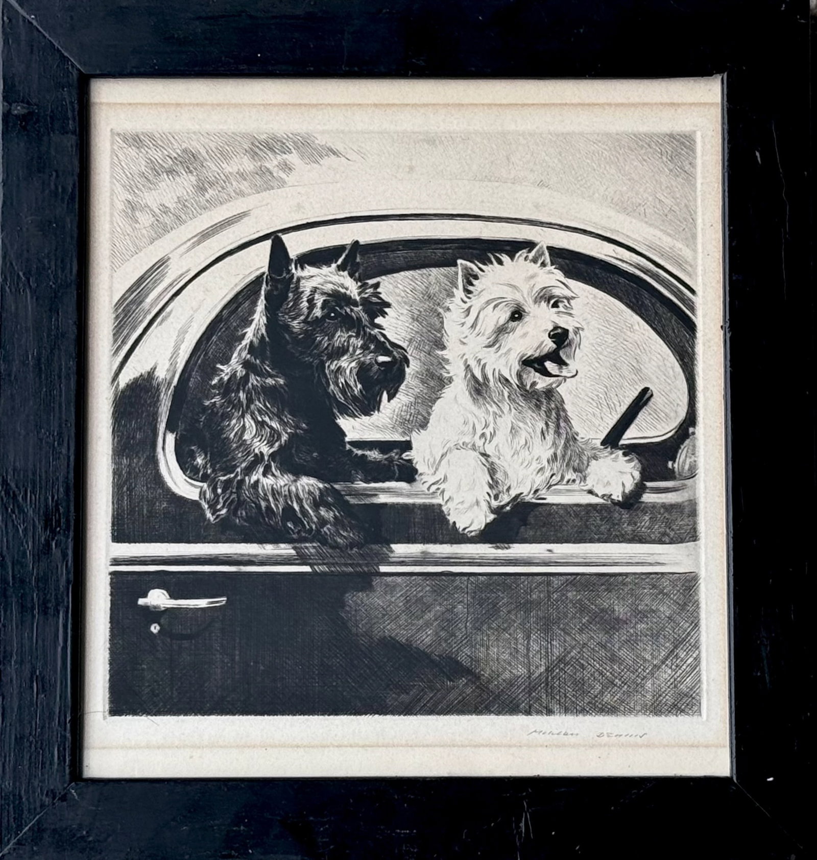 Morgan Dennis (American, 1892-1960) Scottish Terriers: THE CAR RIDE. Black and White Scotties. Original dry-point etching, hand-signed in pencil by the artist, Morgan Dennis (lower margins). Framed under plexiglass. Approximate dimensions: framed: 13 1/2"