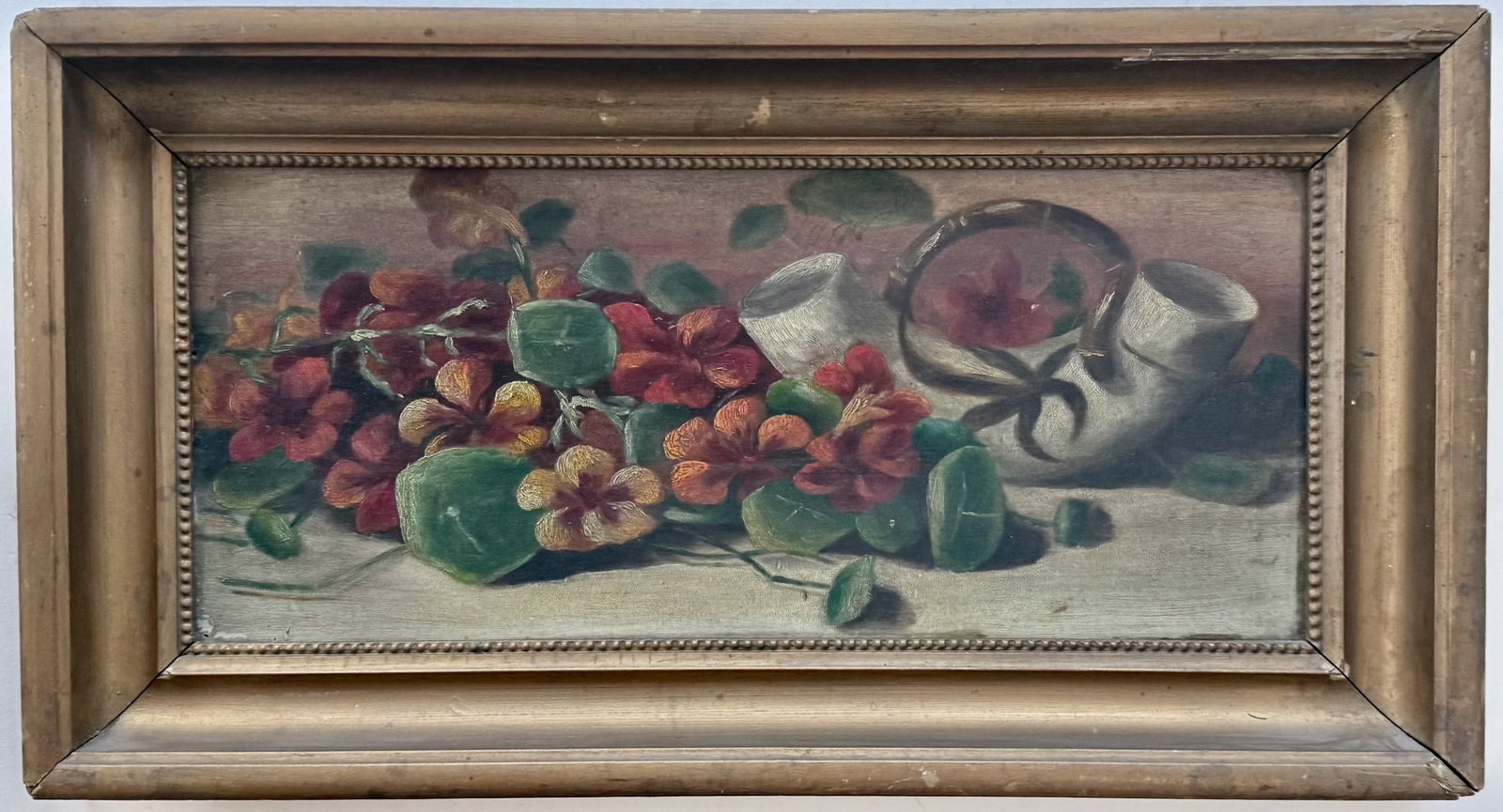19th C. American Botanical Still Life Oil Painting: 19th Century American Botanical Still Life Painting. Oil on board, housed in a gold leaf wood frame. Dimensions: framed: 11 3/4" x 22"., board: 8" x 18. Condition: good original framed estate conditio