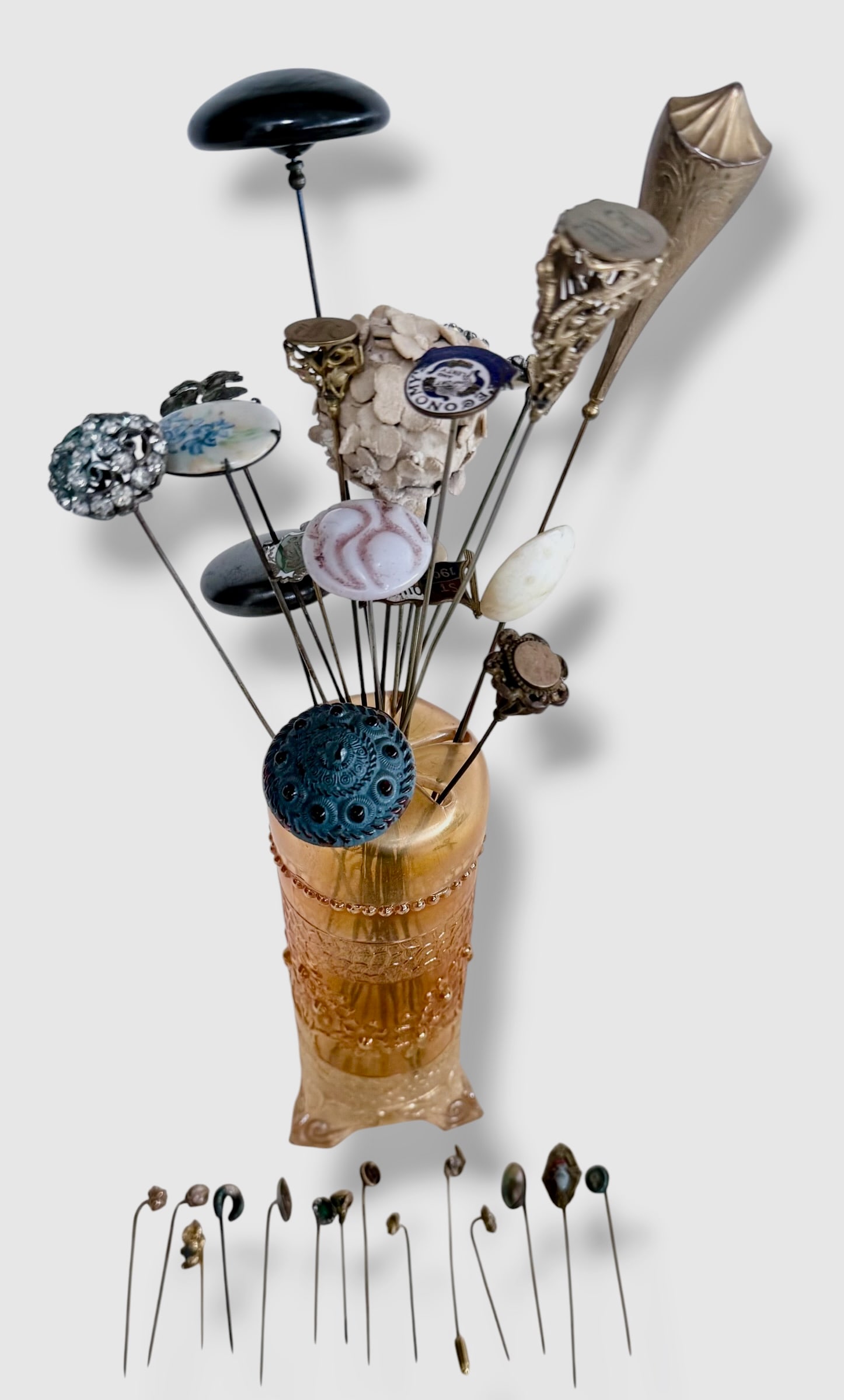 Collection Of 34 Victorian Vintage Stick / Hat Pins W/ Holder: Antique vintage collection of 34 assorted hat or stick pins with glass hat pin holder. Features gold-filled, rhinestones, colored glass heads, stones, beads, advertisements, etc. (view all photos for 
