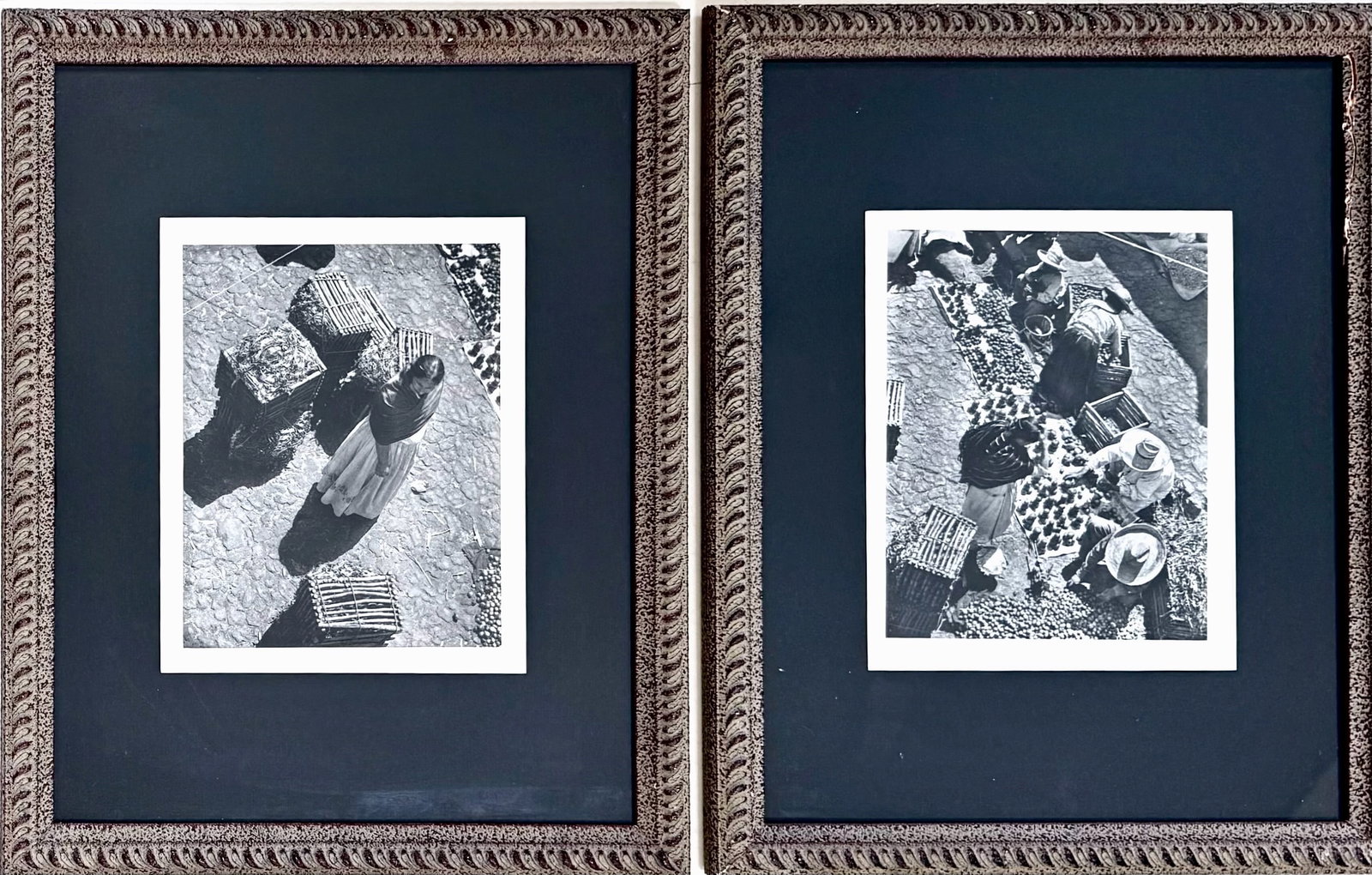 Anton Bruehl (Australian, American, 1900-1982) Street Market & Huacales - Amanaico, Mexico 1930s: Anton Bruehl Collotypes. Two framed black & white collotype plates on heavy loose-leaf cream paper by photographer Anton Bruehl. Limited edition portfolio "MEXICO", circa 1930s. 1-Street Market-Amanai