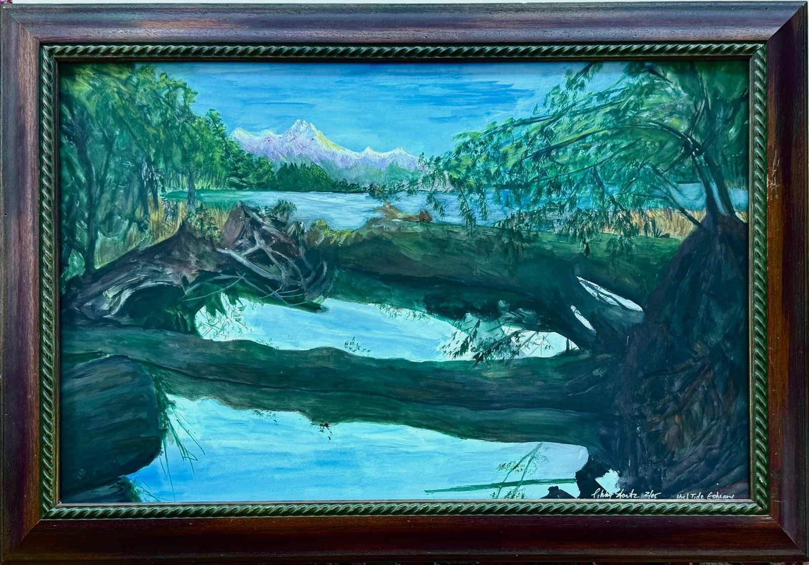 Libby Stortz (Alaska, 20th C.) HIGH TIDE ESTUARY, Alaska 2005: Alaskan Scenic landscape painting "High Tide Estuary" signed by the artist Libby Stortz. Signed, titled and dated: LIBBY STORZ, 2/05. HIGH TIDE ESTUARY (lower right corner). Gouache on paper. Housed i