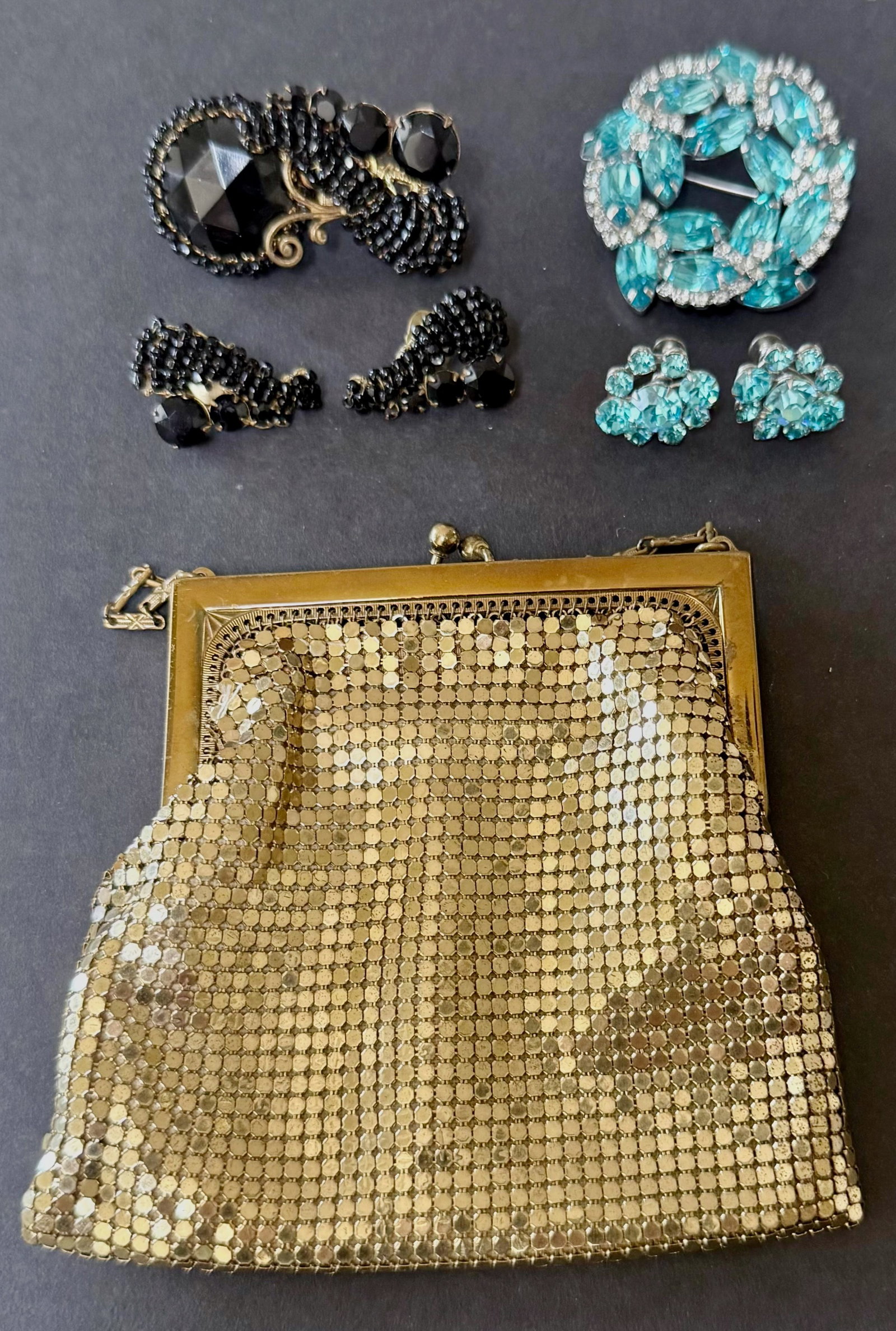 Miriam Haskell & Weiss Signed Brooch And Earring Sets Including Whiting & Davis Mesh Bag (1 of 7)