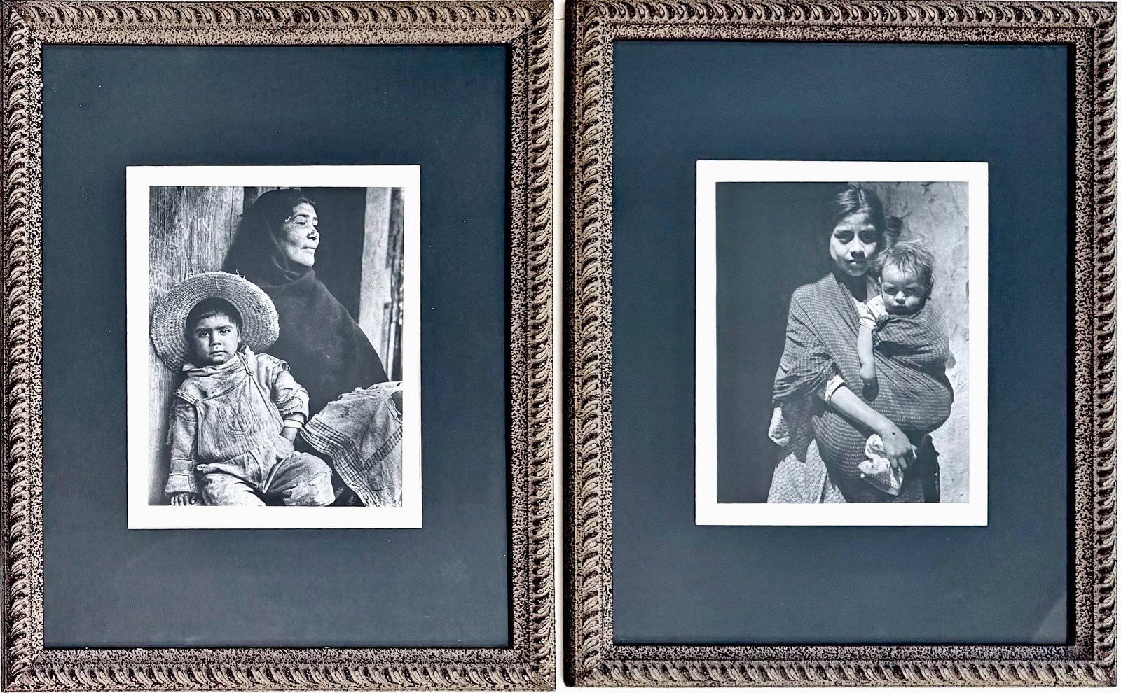 Anton Bruehl (Australian, American, 1900-1982) Mothers of Toluca & Taxco, Mexico, 1930's: Anton Bruehl Collotypes. Two framed black & white collotype plates on heavy loose-leaf cream paper by photographer Anton Bruehl. Limited edition portfolio "MEXICO", 1930s. 1-Mother and Son, Toluca. 2-