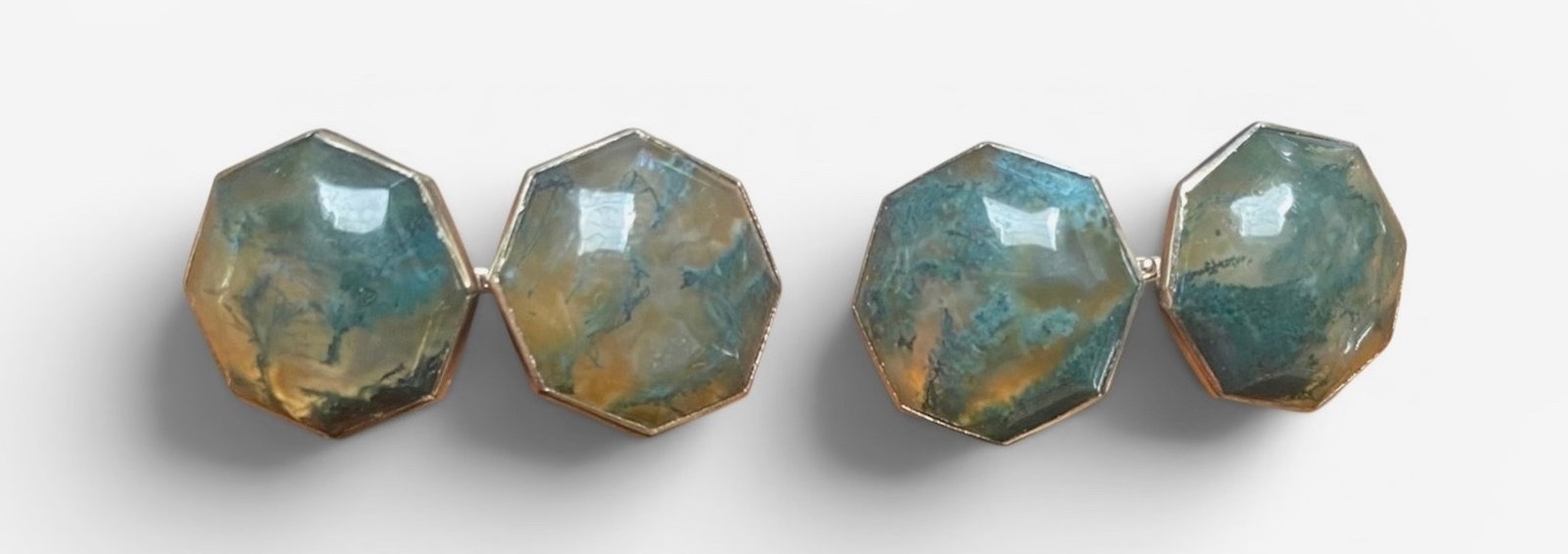 Art Deco 14k White Gold Hexagon Moss Agate Cufflink Set circa 1930 (1 of 7)