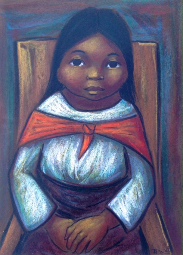 Arturo Nieto (Ecuadorian) Octavalo Indian Child c.1960: Arturo Nieto (Ecuadorian, 20th cent.) Latin American School Gouache on paper Title: Octavalo Indian Girl Circa: 1960 Signed: lower right: A. Nieto Dimension: framed: 25” x30”; site: 13.4”” x 1