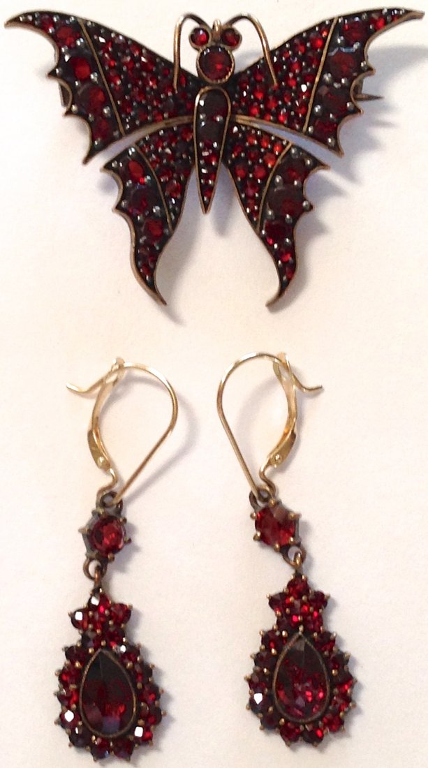 Victorian Garnet Jewelry, Earrings & Brooch (1 of 3)
