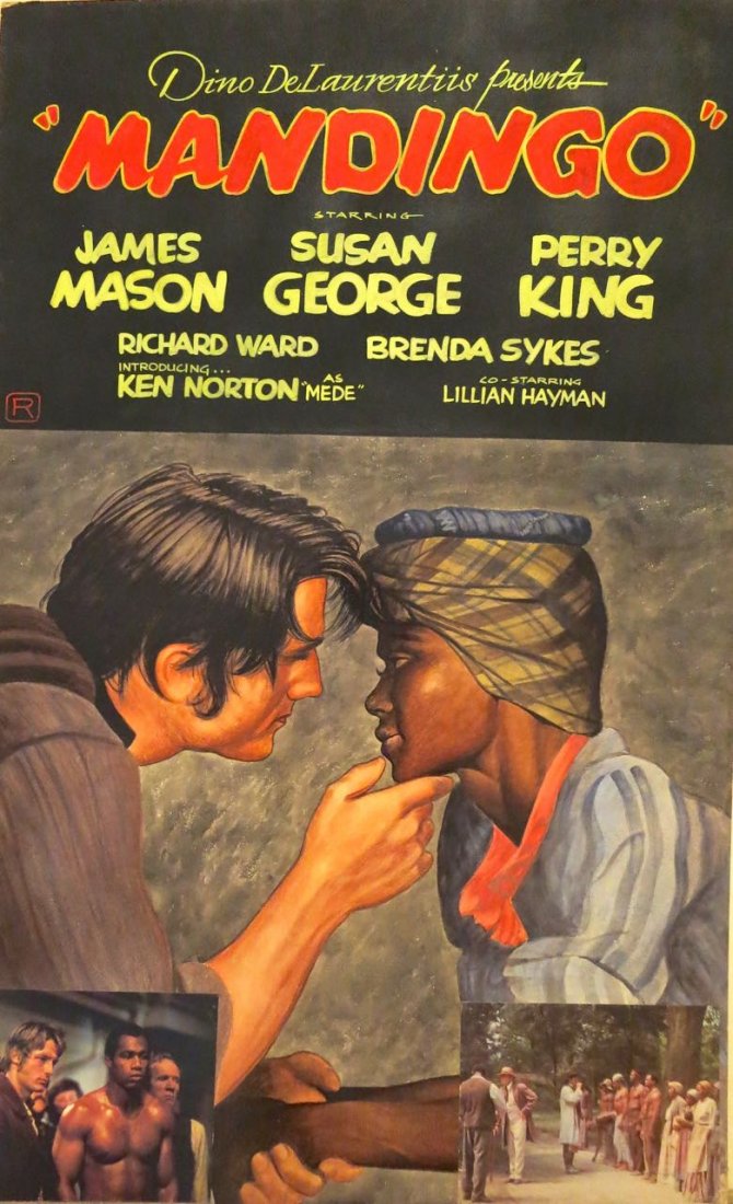 Cinema Painting, John J. Lomasney (Irish 1899-1989): Original Movie Theater illustration Painting, John J. Lomasney, 1975Movie Title: Mandingo, presented by Dino DeLaurentiisArtist: John J. Lomasney (Irish, 1899-1989). Gouache on illustration board with