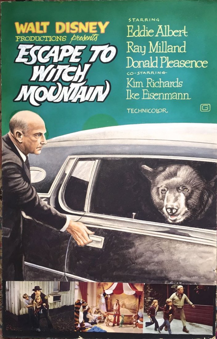 Cinema Painting: John J. Lomasney,( Irish 1899-1989): Original Movie Theater Illustration Painting, John J. Lomasney, 1975 Movie Title: Walt Disney: Escape To Witch Mountain Artist: John J. Lomasney (Irish, 1899-1989). Gouache on illustration board with 