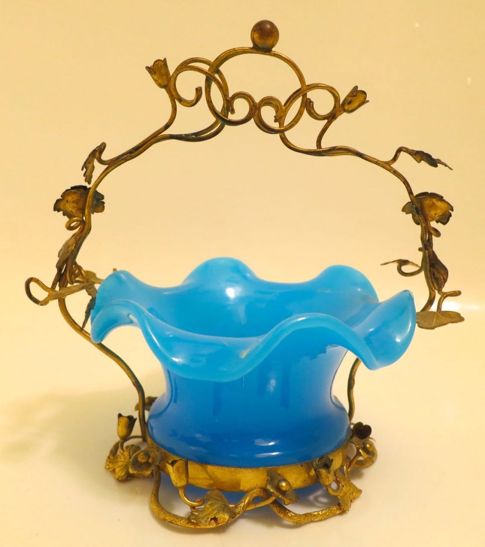 French Blue Opaline Glass Bowl With Dore Bronze: Antique French Bronze & Blue Opaline Scalloped blue opaline glass bowl with Dore mounts.Dore bronze elaborate floral designs.Dimension: 6.7” x 6.7”Condition: very goodProvenance: Maine Estate