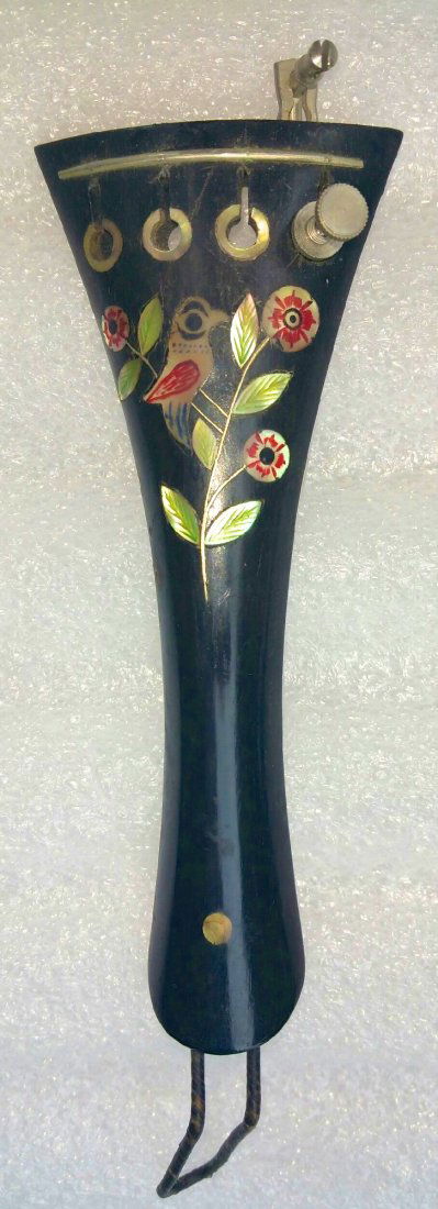 Violin Ebony Tailpiece, Floral & Bird Inlay c.1900: Violin TailpieceTailpiece with mother of pearl inlay bird and floral branch.Early ebony violin tailpiece.Condition: goodProvenance: New Jersey Estate