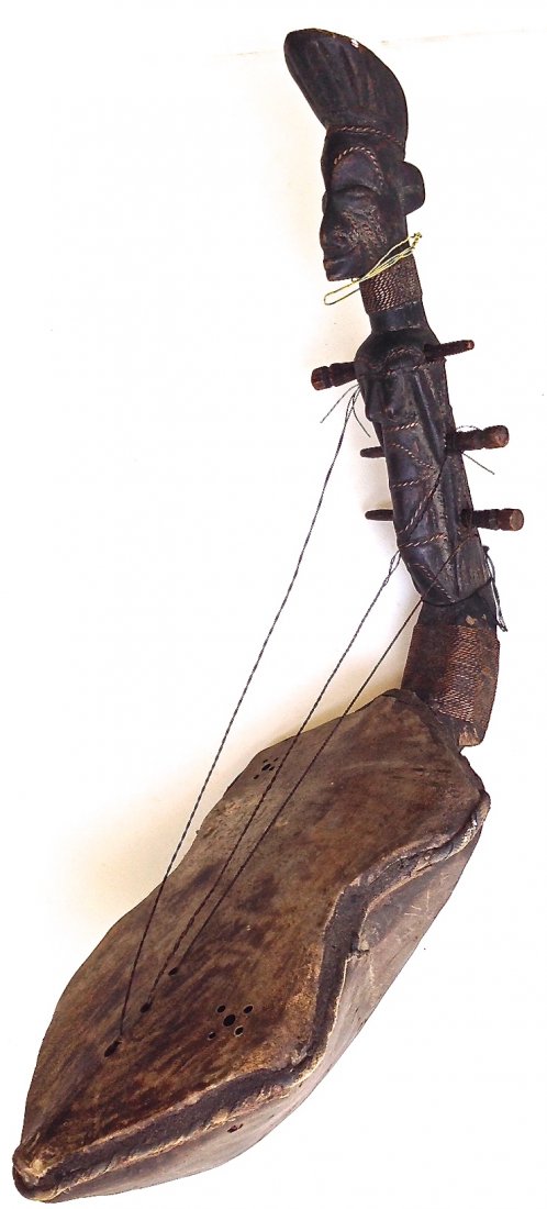 African Carved Wood & Animal Hide String Instrument (1 of 3)