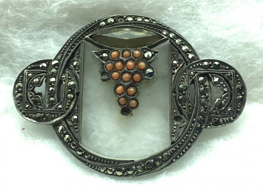 Coral,Quartz & Marcasite Sterling Brooch 1920's (1 of 2)