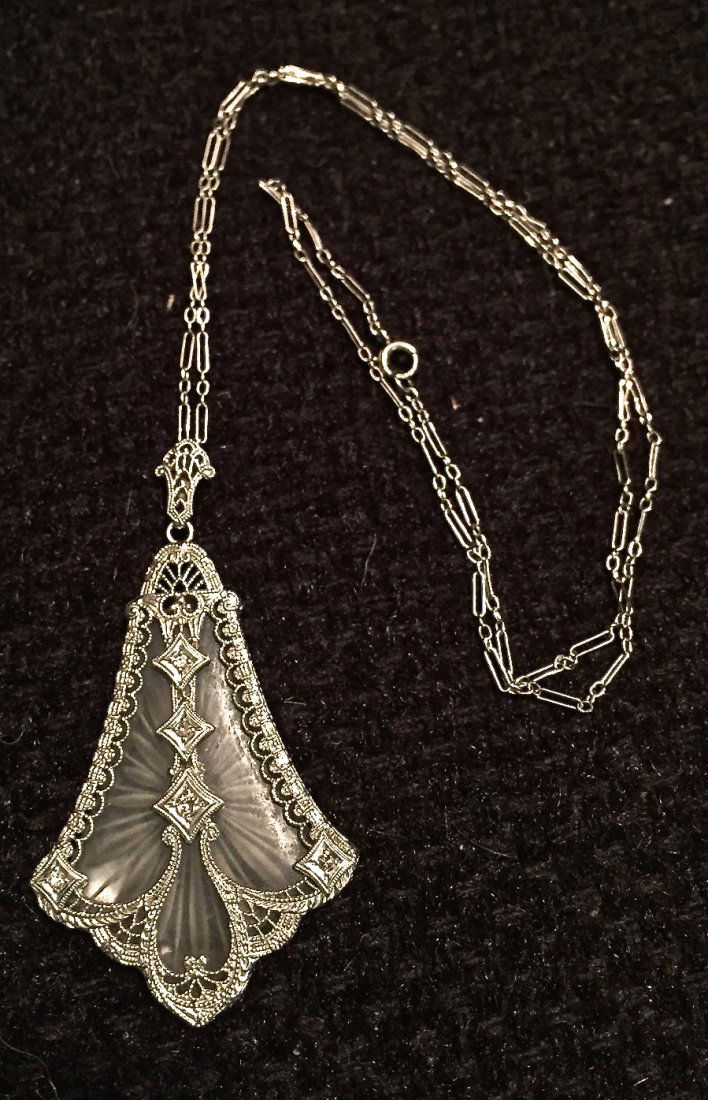 Art Deco 14k White Gold & Diamond Pendant With Chain (1 of 3)