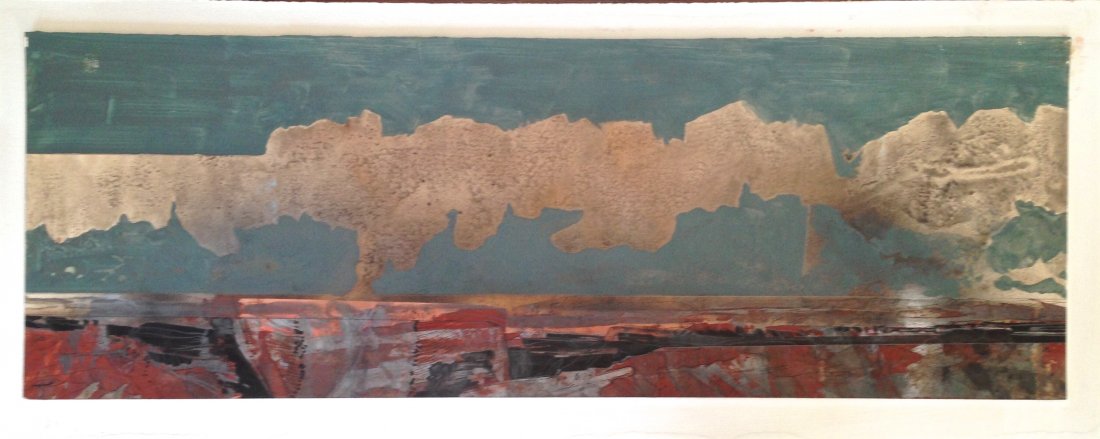 Southwestern Landscape painting, Stanton Englehart: Stanton Earl Englehart ( American, Four Corners, Durango 1931-2009) Abstract desert southwestern landscape Original mixed media on artist paper Signed lower left Stanton Englehart Verso Titled: "April