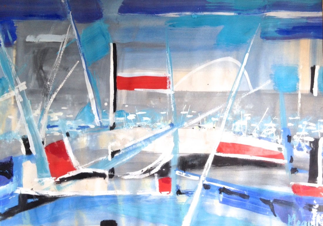 Mid-Century Abstract Painting, Jean-Jacques Meautry: Jean-Jacques Meautry (French 1921-2000) Modern nautical abstract Gouache on paper Signed: lower right: Meautry Dimension: Framed 18" x 24" Sight: 12.6"x18" Condition: Good Provenance: Private Estate