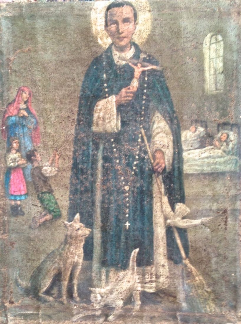 19th C. Mexican Mission Oil Painting, Saint Francis: Early 19th century Mission oil painting: St. Francis surrounded by animals (dog,cat and bird) in a Missionary hospital Dim: Canvas 19 1/2"x 15 1/2" Good condition, no flaking old repair noted ( Could 