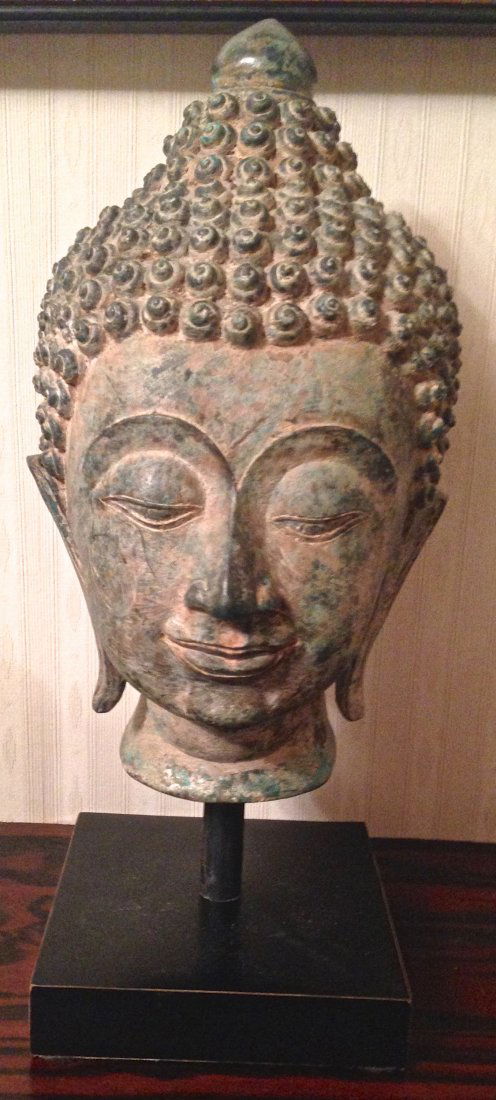 Bronze Buddha Head On Wood Platform (1 of 4)