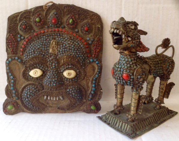 Tibetan Turquoise & Coral Yama Mask & Temple Guardian (1 of 3)